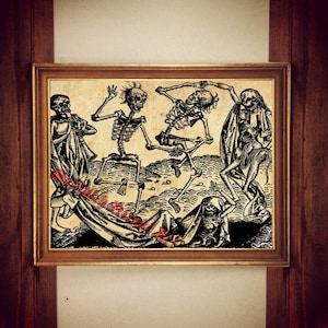 Dance of Death, occult print, medieval illustration, vintage skeleton poster, memento mori art, macabre, home decor, dance macabre #250