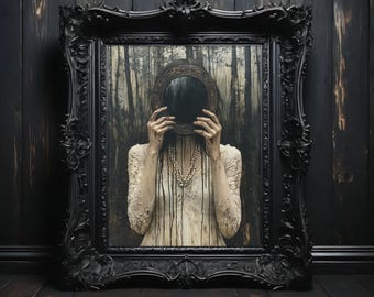 May include: A woman in a white dress with black dripping down her face and body, holding a black mirror in front of her face. The background is a dark forest. The text "MIRROR, MIRROR..." is at the bottom of the image. Art by Soror Vanartha.