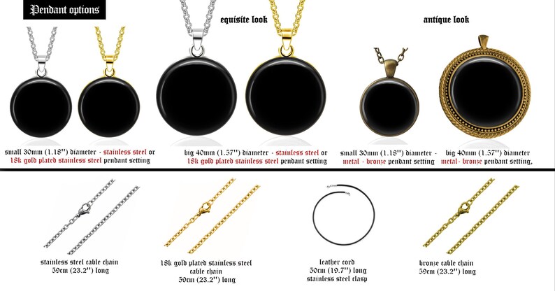 a variety of pendant options, including different sizes and materials, such as stainless steel, 18k gold plated, and bronze. The pendants come in various shapes and sizes, with some featuring a circular design and others with a more intricate design. The image provides a visual comparison of the pendant options, allowing viewers to see the differences between the various materials and styles.