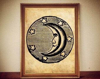 Antique Moon and Stars Print, Celestial Occult Art #75