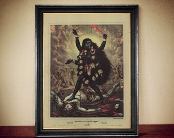 The Goddess Kali on the battlefield eulogized by the Gods: Brahma, Shiva and Vishnu, Kali print,  Hindu wallart, Eastern Religion #HIND2