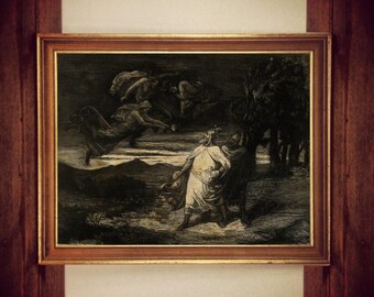 Puede incluir: Una ilustración en blanco y negro de un hombre con una túnica larga caminando con otro hombre en un bosque oscuro. La ilustración está enmarcada en un marco de madera con un borde dorado. El título "Setnakh Occult & Ritual Art" está escrito en una fuente gótica en la parte superior de la imagen.