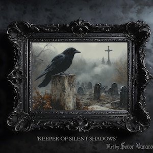 Keeper of Silent Shadows Print - Raven on Tombstone in Cemetery, Dark Gothic Art, Mysterious Bird Wall Decor, Fine Art Print, Witch #SV21