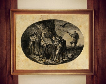 Witches Spell Etching Print, Vintage Occult Home Decor #W83