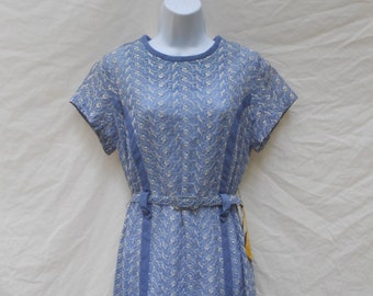 50s Blue & White Embroidered Dress By British Lady Sheer Belted / Medium / 1950s Cocktail Tea Party Dress