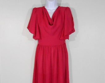 80s Hot Pink Cocktail Dress Semi Sheer Angel Sleeves Cowl Neck / Size 6 / 1980s Valley Girl Party Dress