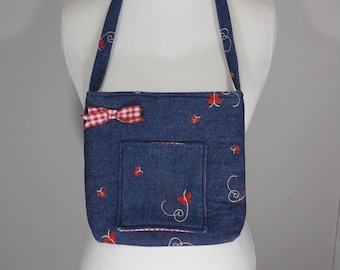 80s Denim Butterfly Purse Small Tote Red Gingham Lining 100% Cotton