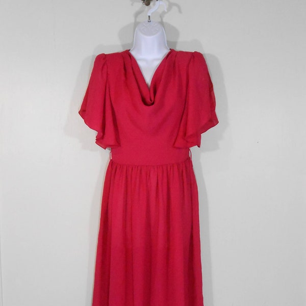 80s Hot Pink Cocktail Dress Semi Sheer Angel Sleeves Cowl Neck / Size 6 / 1980s Valley Girl Party Dress