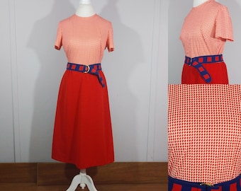 1960s Hounds Tooth Dress Red & White Belted Day Dress 100% Polyester / Medium / 60s Mod Marsh Brady Co Ed Dress