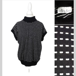 80s Black & White Pullover Sweater T Neck Blouson Top / Size XL / 1980s Retro Valley Girl Boxy Blouse