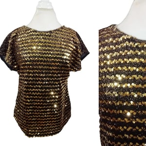 Vintage Gold Sequin Pullover Blouse Metallic Blouse By Joanna Cap Sleeves / Medium / 1980s Disco Blouse Club Blouse Party Wear