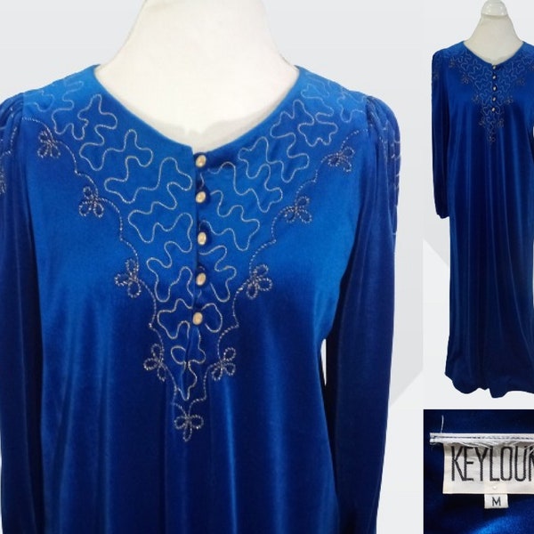 Georgie Keyloun Dark Blue Velvet Kaftan Embroidered Maxi Gown Lounge Wear / size M/L / 1980s High Fashion Pullover House Dress