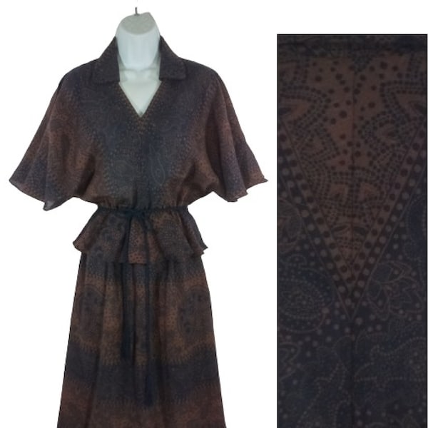 70s Dead Stock Dalani II Brown Batwing Dress Peplum Dress Paisley Print / Size XS-S / Semi Sheer Hippy Disco Dress ILGWU