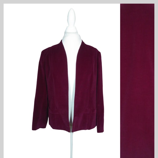 80s Burgundy Red Velvet Blazer Jacket Collarless By Adoria / Size M-L / 1980s Dressy Casual Secretary Blazer