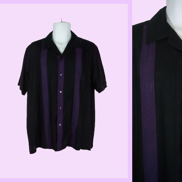 Men's Black Silk Shirt Purple Stripes Dress Shirt Camp Shirt / Large / 1990s Bowling Shirt Lounge Shirt