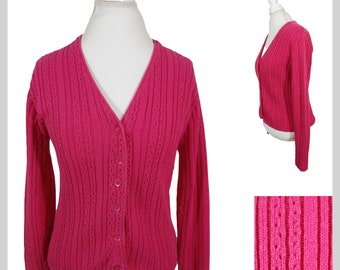 Cardigan Cable & Gauge Rose Vif - Boutons Cœur Cristal - Taille M Occasion
