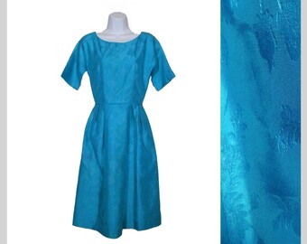 50s Blue Cocktail Dress Taffeta Dress Embossed Floral Print Turquoise / Size XS / 1950s Formal Dress Prom Dress