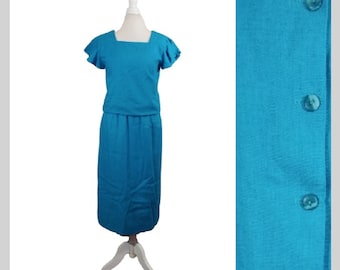 80s Turquoise Linen Dress Ruffled Cap Sleeve Elastic Waist By David Warren New York /  Size 8 / 1980s Valley Girl Secretary Blouson Dress