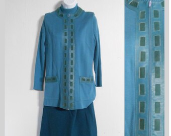 Completo completo Francis X in lana blu e pelle, 3 pezzi, gonna, anni '70 / Taglia 10 / Stile hippie retrò