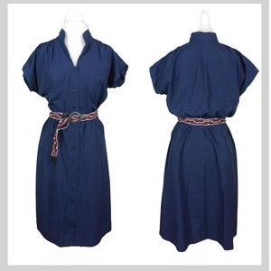 1970s Navy Blue Shirt Dress Belted Button Front Dress Leslie Fay / Size M-L / 70s Secretary Boho Co Ed Dress