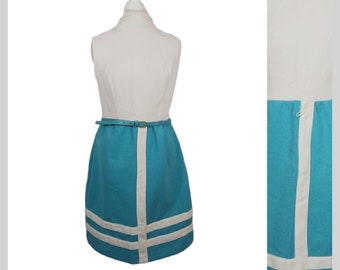 60s Teal & White Dress Belted Dress Sleeveless Striped 100% Polyester / Medium / 1960s Mod Secretary Coed Dress
