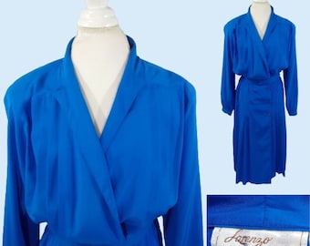 Vintage Blue Belted Blouson Dress Secretary Dress Long Sleeves 100% Polyester By Lorenzo / Large / 1980s Office Wear Business Dress