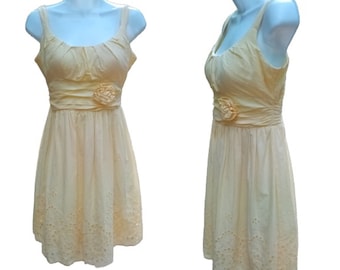 90s Yellow Cotton Dress Fit N Flare Dress Strappy Tie Back Dress / Size XS / Vintage Layered Sundress Cocktail Dress