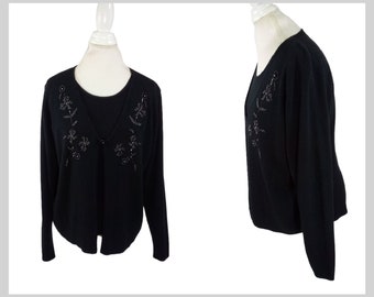 80s Black Beaded Faux Cardigan Sweater Super Soft By T R Bentley / Large / 1980s Valley Girl Pullover Dress Blouse
