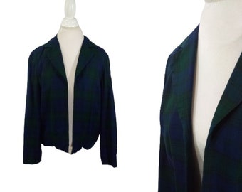 80s Green & Blue Plaid Jacket Cropped Jacket Cotton Blazer Relaxed Fit / Medium / 1980s Hand Made Preppy Valley Girl Coat
