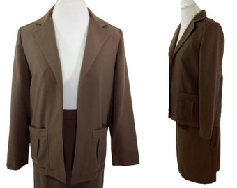 Vintage 2 PC Brown Business Suit Skirt Set Deep Pockets Cotton Blend / Size XS/S / 1980s 90s Secretary Suit Business Wear Office Wear