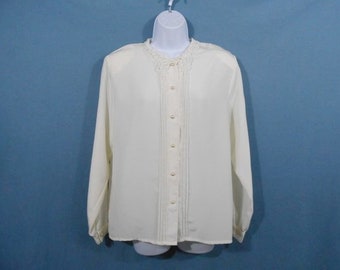 Década de 1980 beige semi pura camisa de vestir botón lazo cuello de encaje / Tamaño 12 / 80s Valley Girl Secretary Glam