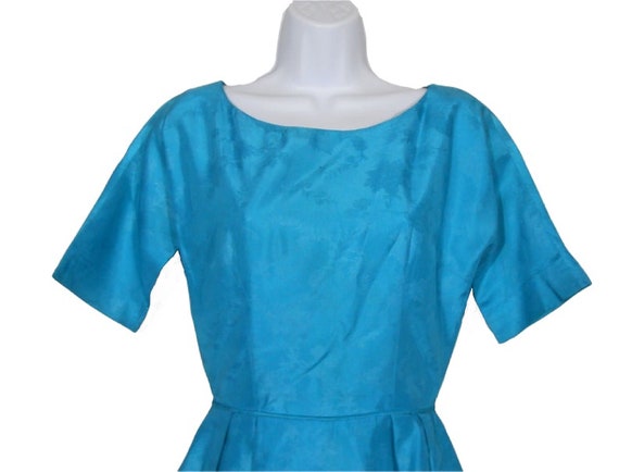 50s Blue Cocktail Dress Taffeta Dress Embossed Fl… - image 3