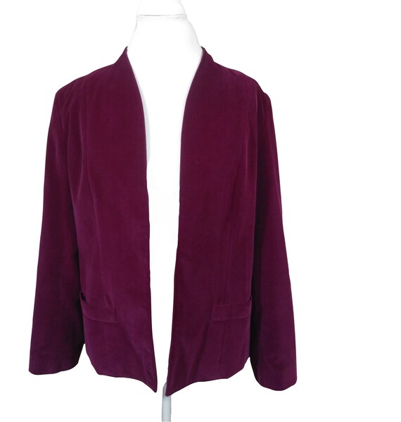 80s Burgundy Red Velvet Blazer Jacket Collarless … - image 2