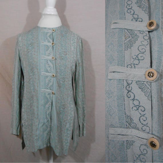 1990s Mint Green Tunic Top 100/% Polyester Karen Wong Medium 90s Retro Hipster Cheongsam Blouse