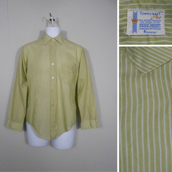 60s Green Dress Shirt Striped Button Up By JC Penny / Small / 1960s Penn-Prest Geek Chic Shirt