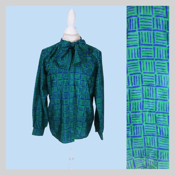 80s Gay Boyer Pussy Bow Blouse Green & Blue Strip… - image 1