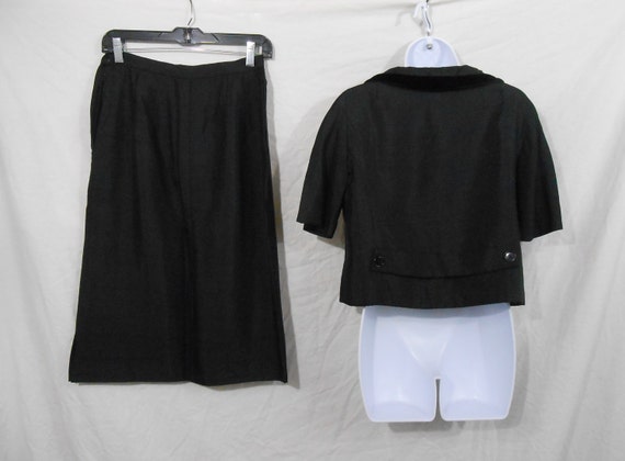 60s Black Silk Skirt Set Cropped Top Velvet Trim … - image 2