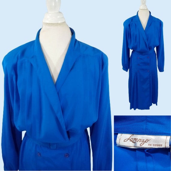 Vintage Blue Belted Blouson Dress Secretary Dress… - image 1