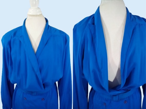 Vintage Blue Belted Blouson Dress Secretary Dress… - image 5