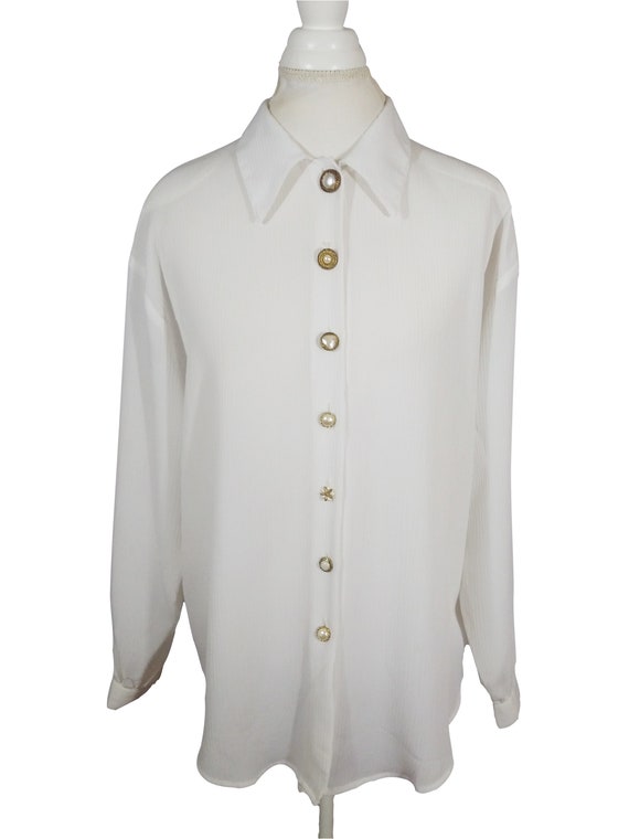90s White Dress Blouse Semi Sheer 100% Polyester … - image 3