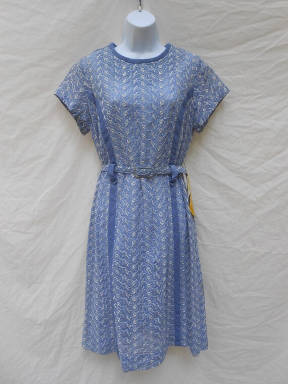 50s Blue & White Embroidered Dress By British Lad… - image 1