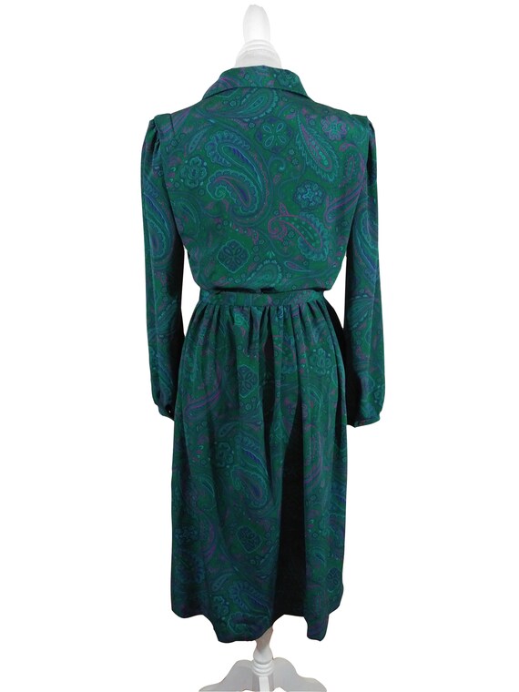 VINTAGE 60s 70s GREEN BLUE RED STRIPED METALLIC PUSSYBOW MOD SILK DRESS 10 12 main image 1