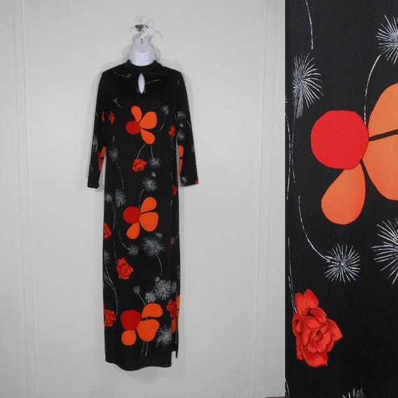 70s Black Maxi Sheath Dress Floral Print By Saul … - image 1