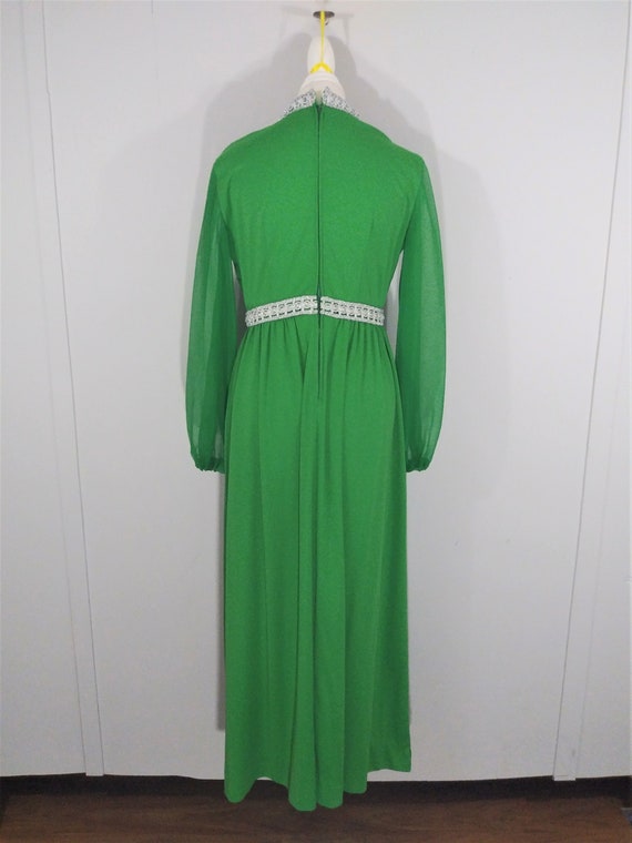 70s Green Maxi Dress Evening Gown Silver Trim / S… - image 3