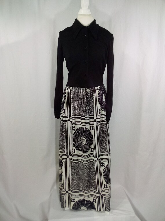 70s Black & White Print Maxi Dress Long Sleeve Bu… - image 2