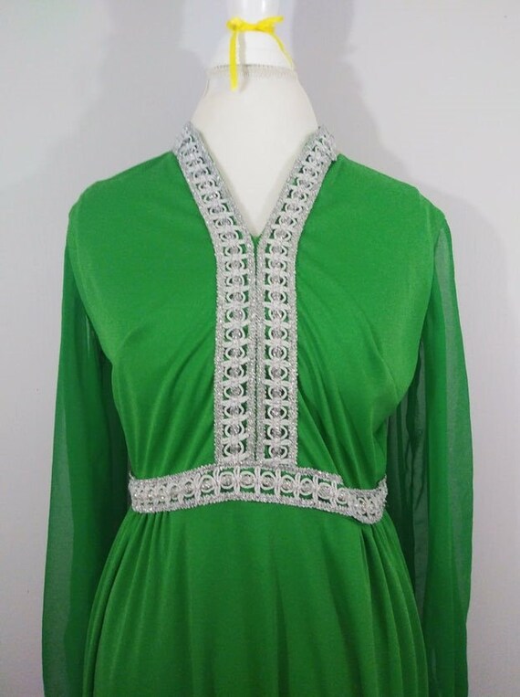 70s Green Maxi Dress Evening Gown Silver Trim / S… - image 4