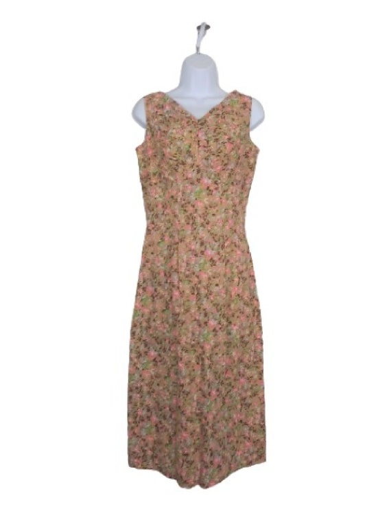 80s Pink & Brown Floral Sundress Sleeveless Pleat… - image 2