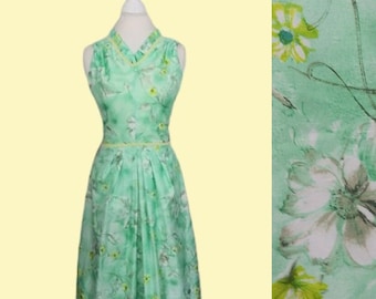 Vintage Fit N Flare Dress Green & Yellow Floral Print Sleeveless  / Small / 1970s Boho Hostess Day Dress