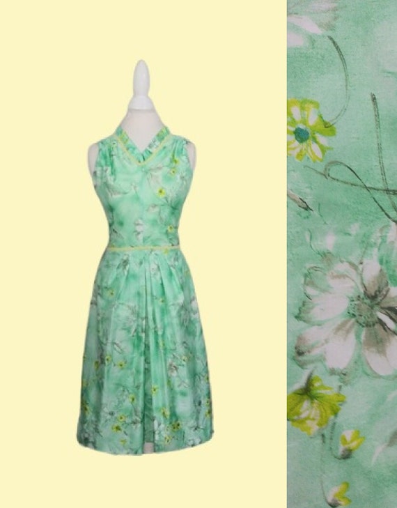 Vintage Fit N Flare Dress Green & Yellow Floral P… - image 1