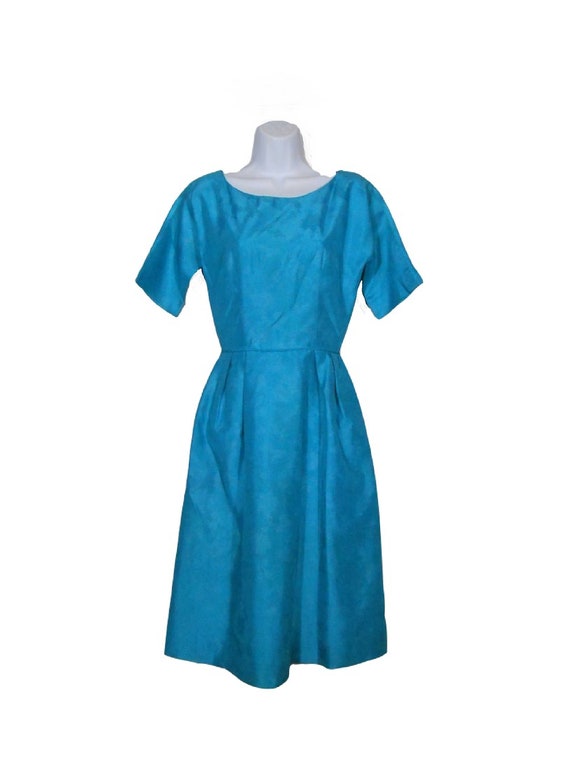 50s Blue Cocktail Dress Taffeta Dress Embossed Fl… - image 2
